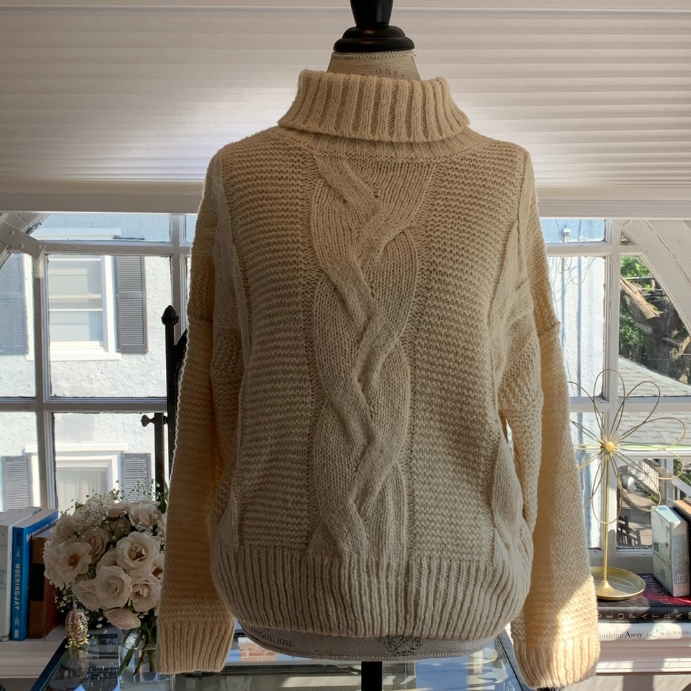 Ivory wool knit cowl neck sweater